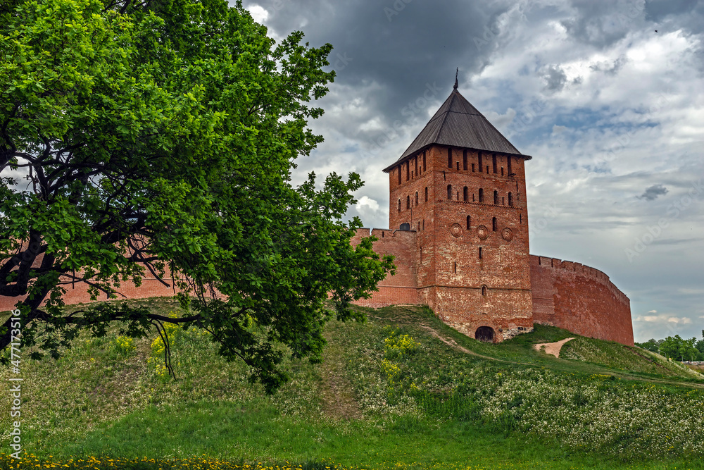 Fortress wall and tower. Kremlin in the city of Novgorod, Russia	