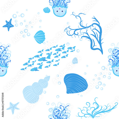 Jellyfish, fish, animals bright seamless patterns. Sea travel, snorkeling with animals, tropical fish. © MichiruKayo