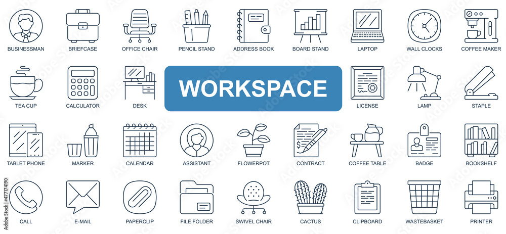 Workspace concept simple line icons set. Pack outline pictograms of ...