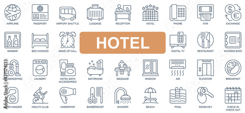 Hotel concept simple line icons set. Pack outline pictograms of passport, airport, luggage, reception, exchange, restaurant, housekeeping and other. Vector symbols for website and mobile app design