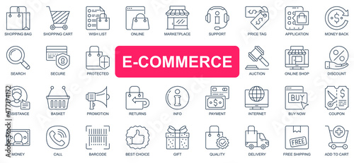 E-commerce concept simple line icons set. Pack outline pictograms of shopping, online, marketplace, support, price tag, auction, discount and other. Vector symbols for website and mobile app design
