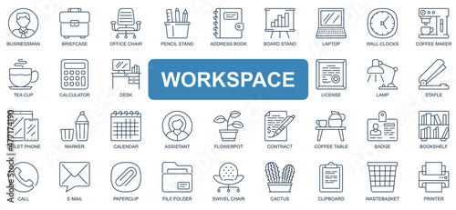 Workspace concept simple line icons set. Pack outline pictograms of businessman, briefcase, office, email, book, laptop, coffee, calculator and other. Vector symbols for website and mobile app design