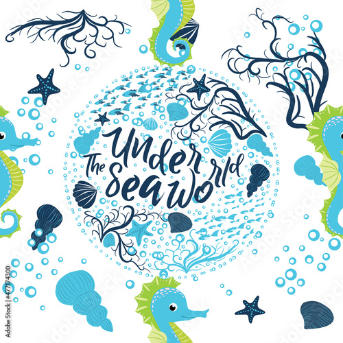 Seahorse, sea inhabitants seamless pattern, beautiful character among seashells, seaweed, starfish, marine