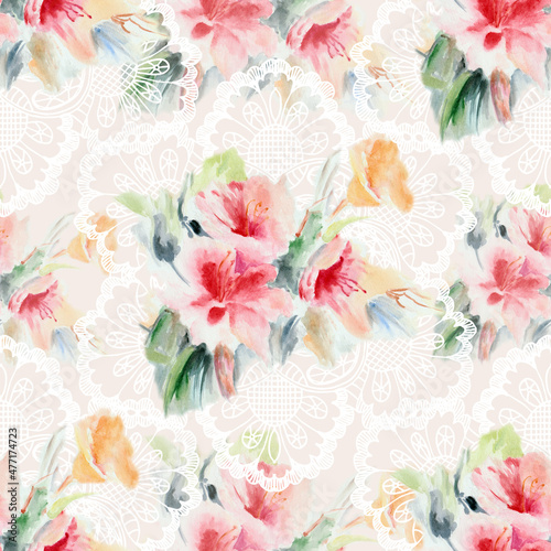 Graphic lace with watercolor bouquet flowers on beige background. Floral seamless pattern.