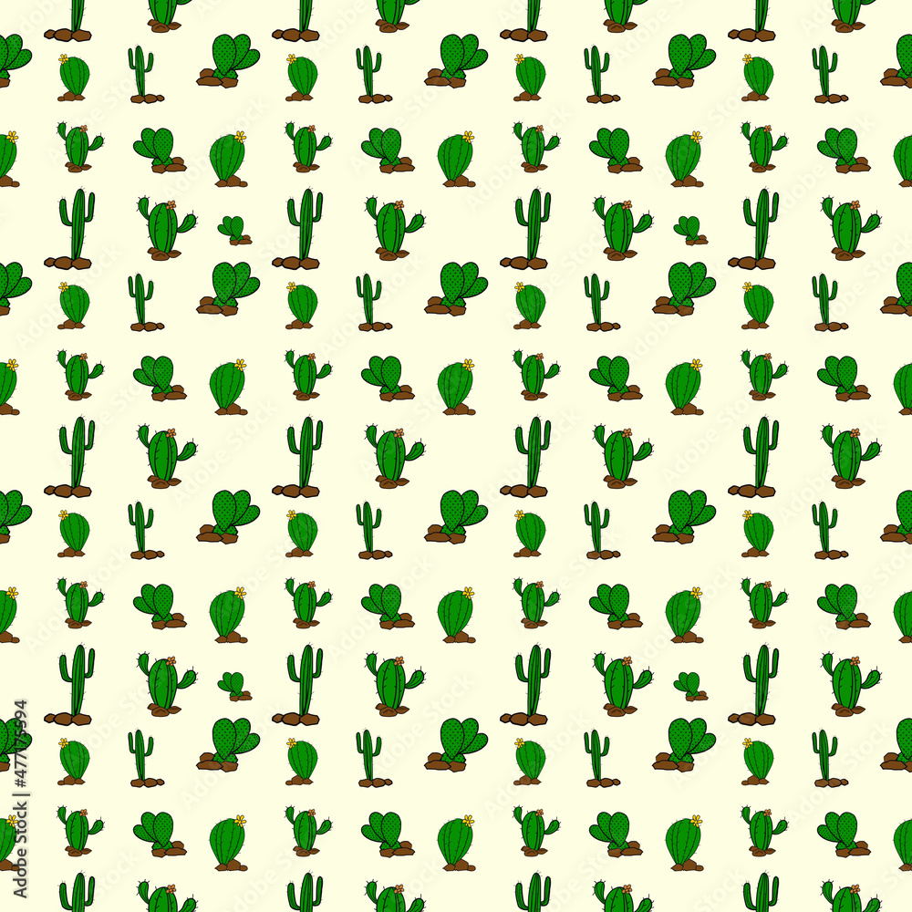 Seamless green cactus plants pattern background, Illustration art cactus tree and stone cover and fabric pattern design.