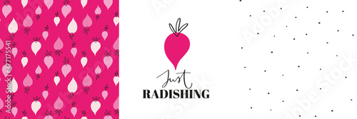 Wordplay vector design for baby girl clothing. Ravishing and radish words combined together for funny phrase with Just beautiful meaning. Graphic set includes main print and seamless pattern.