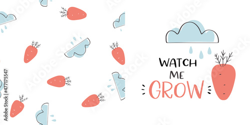 Baby boy clothing print vector design. Set of carrot and clouds graphic elements, Watch me grow phrase and coordinating non-directional seamless pattern, that is suitable for spring textile.