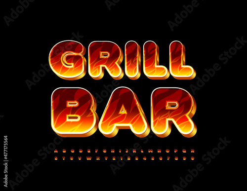 Vector hot business logo Grill Bar. Flaming 3D Font. Alphabet Letters and Numbers set with Fire pattern