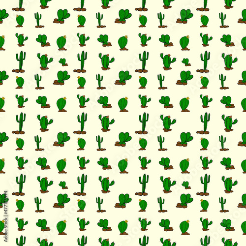 Seamless green cactus plants pattern background, Illustration art cactus tree and stone cover and fabric pattern design. © emodpk
