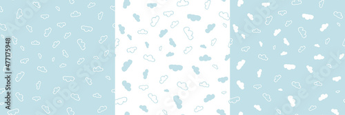 Cute cloud seamless pattern set for newborn babies non-directional textile print. Hand-drawn vector design for bedding or clothing.
