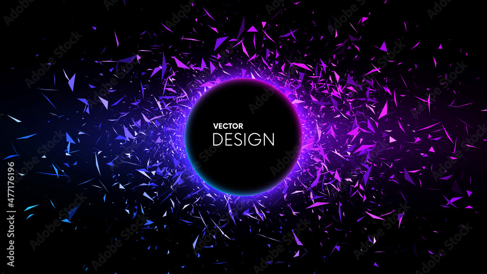 Futuristic explosion with glowing sharp debris or broken glass. Abstract background with colorful triangular fragments with place for your text. Vector background