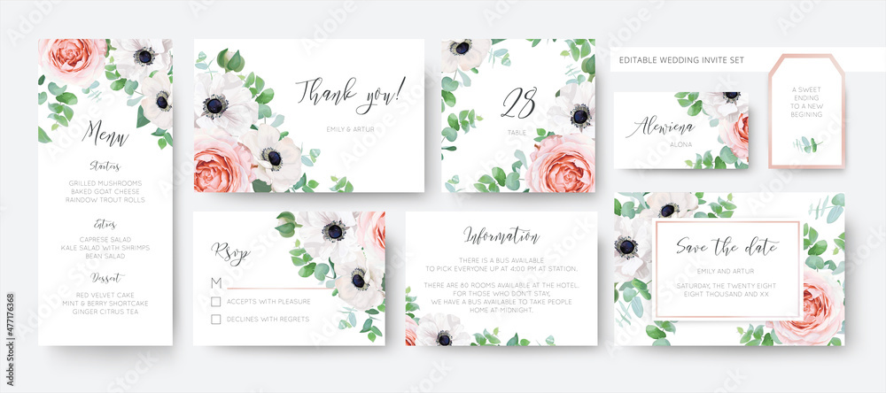 Elegant vector wedding stationery cards set. Menu, rsvp, thank you, details, tag editable template design. Pink blush rose flower, ivory anemone, eucalyptus green leaves watercolor floral illustration
