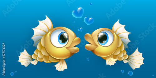 Gold fish couple with bubble hearts