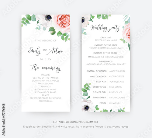 Editable floral vector wedding and ceremony program card set. Beautiful template design with watercolor illustration of pink garden roses, ivory anemone flowers, green eucalyptus branches wreath frame