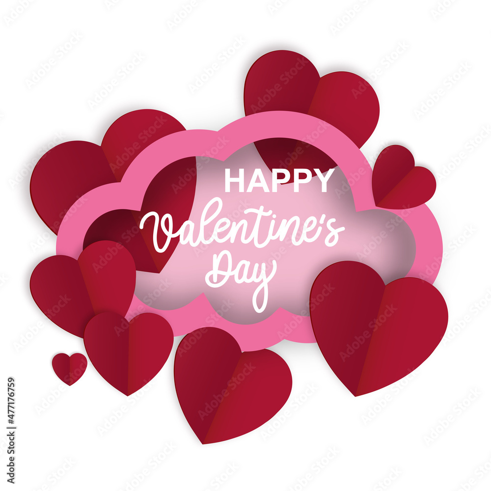 Valentine's Day abstract pink cloud background with paper hearts. Vector illustration