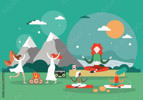 Outdoor yoga class, meditation, mindfulness, healthy lifestyle, retreat tour, rest in nature, flat vector illustration. photo