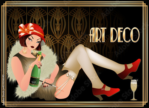 Flapper girl with champagne, art deco style, vector illustration