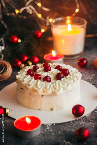 Christmas cake. Delicious cake with winter decor. Lingonberry cake on the table 
