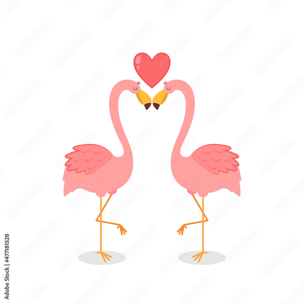 Flamingos cartoon vector. Valentine's day postcard with flamingos in love. 
 Pink birds. Love forever. Lettering. Heart.