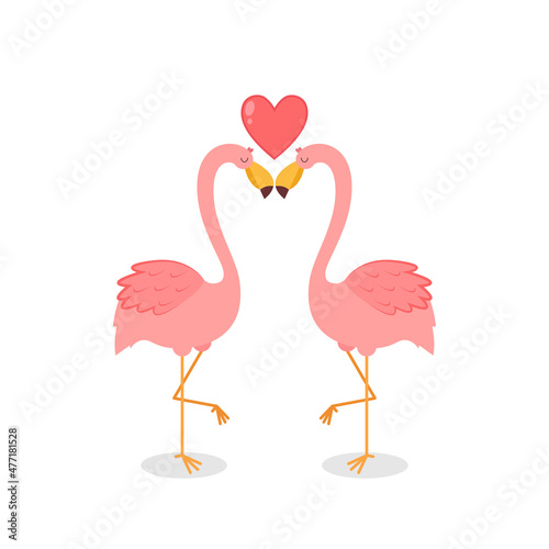 Flamingos cartoon vector. Valentine s day postcard with flamingos in love.   Pink birds. Love forever. Lettering. Heart.