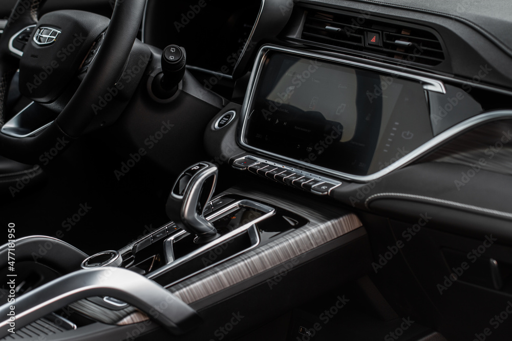 Modern car dashboard. Screen multimedia system. Multimedia touchscreen system of modern car.