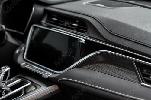 Modern car dashboard. Screen multimedia system. Multimedia touchscreen system of modern car.