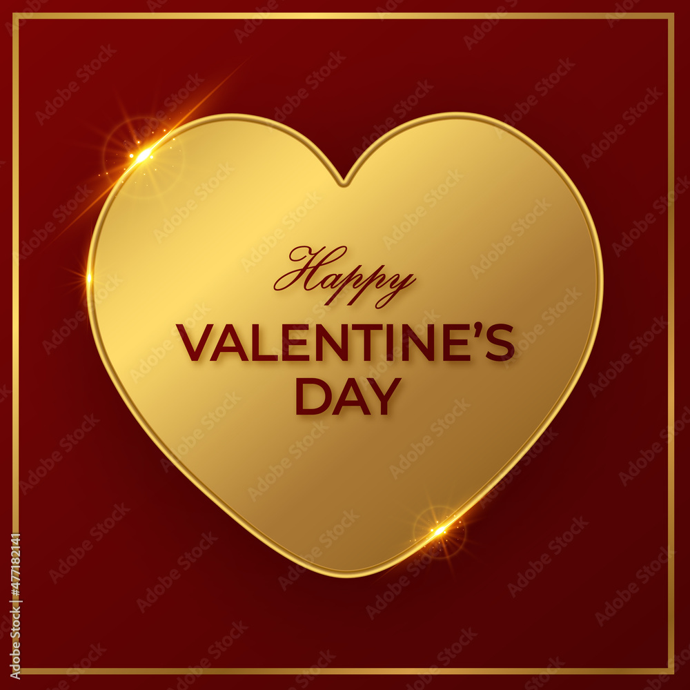 Happy Valentine's Day greeting card with big golden heart on red background.