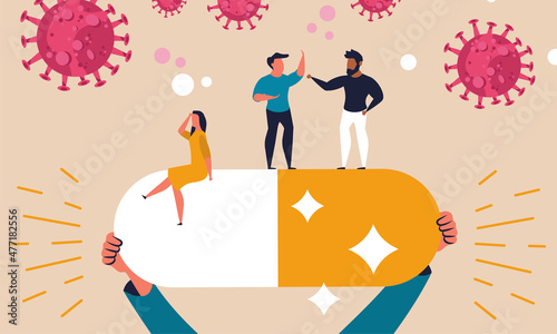 Covid 19 vaccine treatment and health risks. Hands holding a medication pill vector illustration concept. Prevention virus and crisis epidemic people. Protection from bacterium with drug dose.