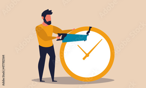 Time management, a man cuts a clock with a saw vector illustration concept. People and efficient process organisation workflow. Work optimization and strategy productivity job. Business deadline