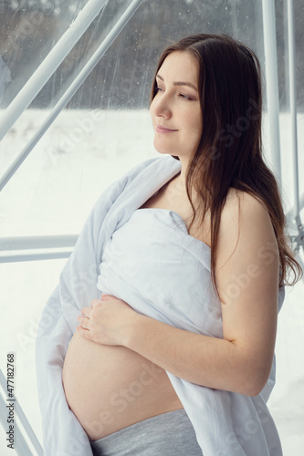 pregnant brunette woman in blanket looks thoughtfully into the panoramic window of the camping. Free Download pregnant brunette woman in blanket looks thoughtfully into the panoramic window of the camping. - GFXLoad
