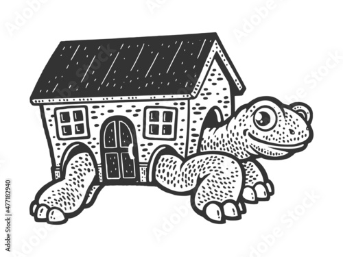 Turtle with house instead of shell sketch engraving vector illustration. T-shirt apparel print design. Scratch board imitation. Black and white hand drawn image.