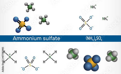 Ammonium sulfate, ammonium sulphate molecule. It is inorganic sulfate salt obtained by reaction of sulfuric acid with two equivalents of ammonia. Structural chemical formula, molecule model.