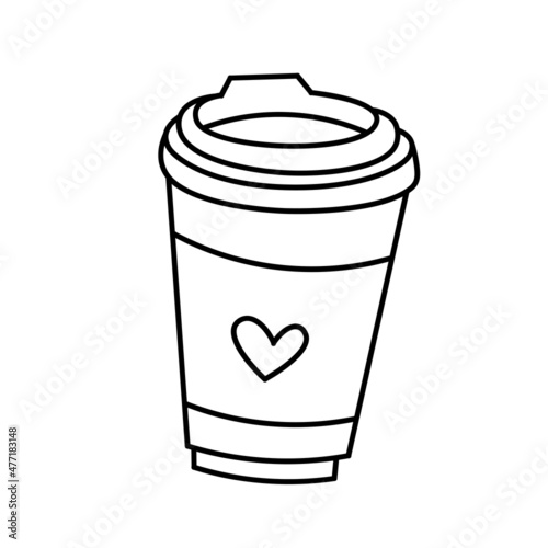 Coffee to go emblems. Cafe posters design. Coffee cup with a lid. Coffee take away sign for print, sticker, cafe, menu, restaurant, advertisement. Vector illustration in doodle style - isolated.