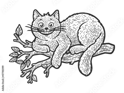Cheshire Cat on tree fairy tale sketch engraving vector illustration. T-shirt apparel print design. Scratch board imitation. Black and white hand drawn image.