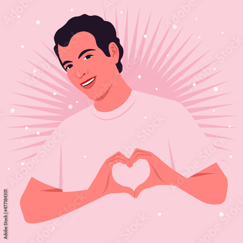 Happy young man is making a heart sign with his hands. Love gesture. Portrait of a loving guy. Valentine’s day postcard. Vector flat illustration