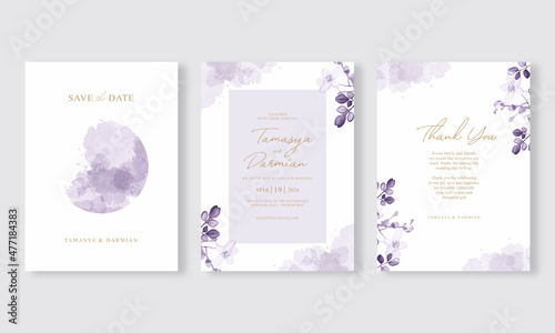 Wedding invitation set template with purple floral watercolor
