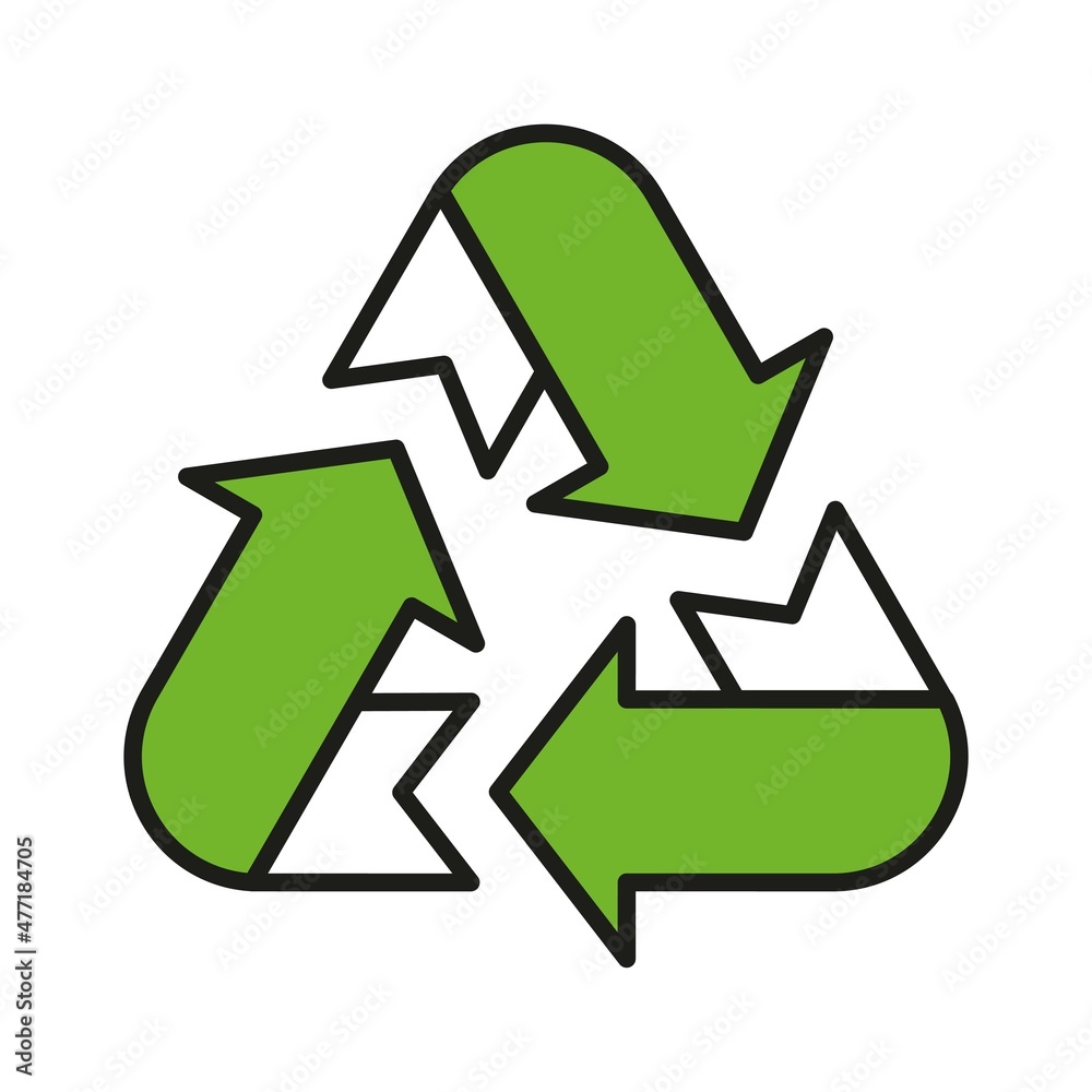 Waste recycling symbol. Green and white triangular arrows with a black outline. Simple flat three color vector icon for website, app, print, presentation, and more Waste recycling symbol. Green and white triangular arrows with a black outline. Simple flat three color vector icon for website, app, print, presentation, and more