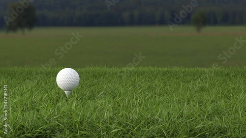 White golf ball and tee pin on green grass field selective focus as new beginning 3D rendering illustration