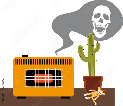 Malfunctioning space heater emitting poisonous CO gas into a room, EPS 8 vector illustration, no real products depicted