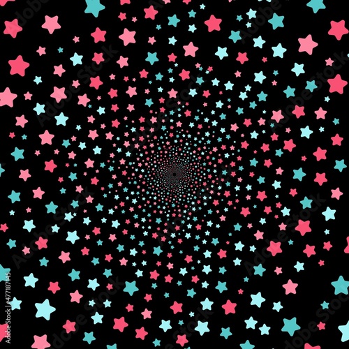 Colorful, many stars spin in a black tunnel to place your content. Vector illustration.