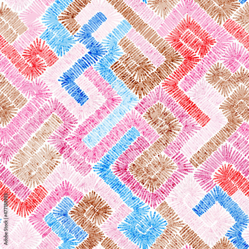 Seamless pattern in patchwork style. Embroidered print for carpet, textile, wallpaper, wrapping paper. Ethnic and tribal motifs. Handwork. Vector illustration.