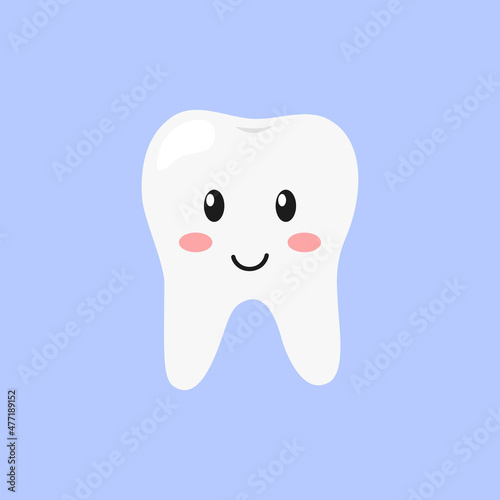 Cute cartoon tooth character smiling. Funny happy tooth isolated. Vector flat illustration