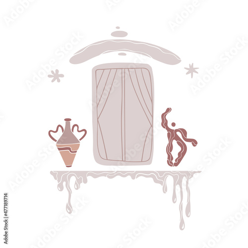 Pottery making.art ceramic workshop.Pot silhouette.Window with decor vase and dripping glaze.flat vector style.Tool for work with clay.isolated object.background for web event school or studio