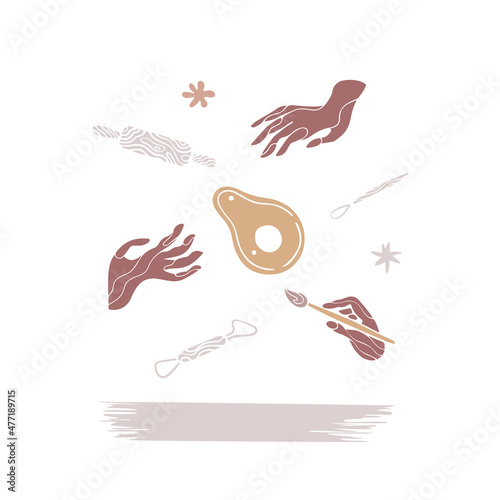 Pottery making.art ceramic workshop.Pot silhouette. Apron with avocado plate and hand with brush.flat vector style.Tool for work with clay.isolated object.background for web event school or studio