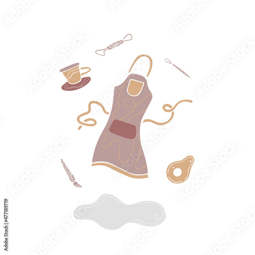 Pottery making.art ceramic workshop.Pot silhouette. Apron with avocado plate and coffee cup.flat vector style.Tool for work with clay.isolated object.background for web event school or studio