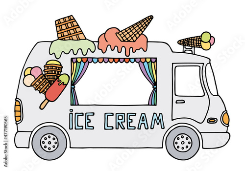 Ice cream bus in doodle style. Hand Drawn. Ice cream business.	