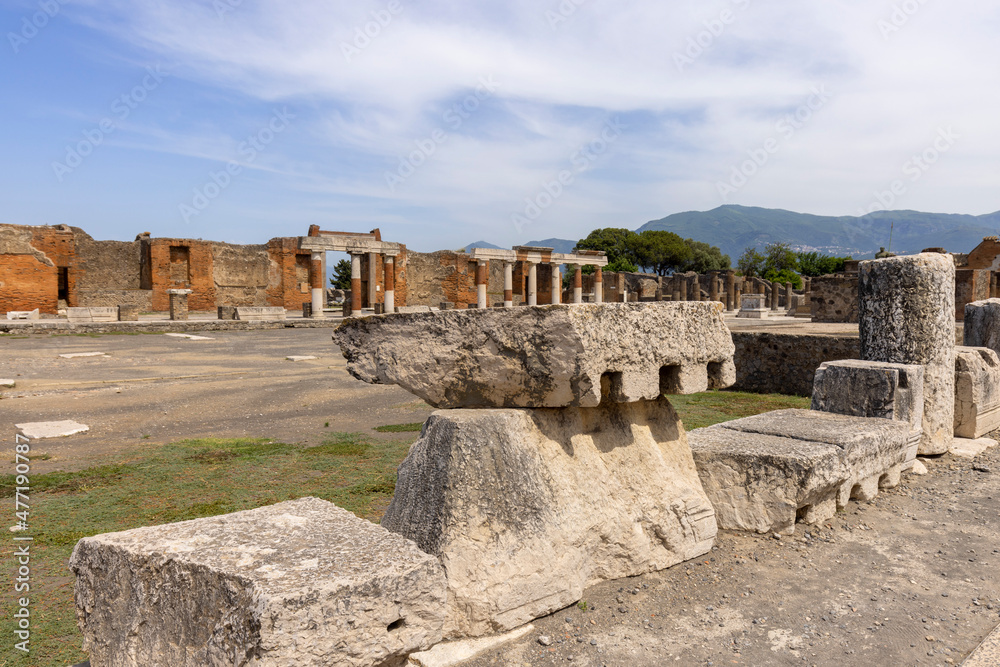 Forum of city destroyed by the eruption of the volcano Vesuvius in 79 AD near Naples, Pompeii, Italy