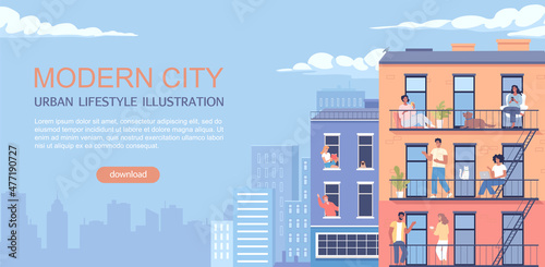 Modern people living in the city. Urban lifestyle cartoon template illustration 