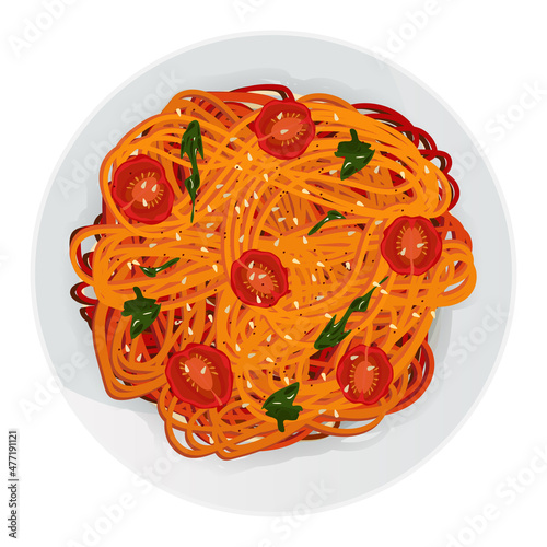 Tangled spaghetti. Asian noodles. Vector illustration of long red pasta with sauce, tomatoes, herbs, spices, sesame in plate isolated on white background. Cartoon macaroni.