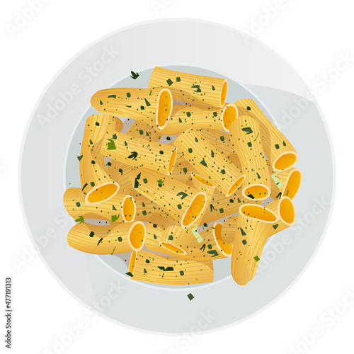 Vector top view of rigatoni pasta with herbs in plate isolated on white background.
